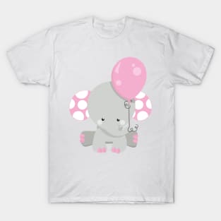 Elephant With Balloon, Cute Elephant - Pink Gray T-Shirt